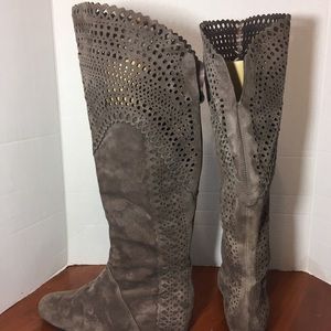 Isola Suede Knee High Laser Cut Covered Wedge Boot